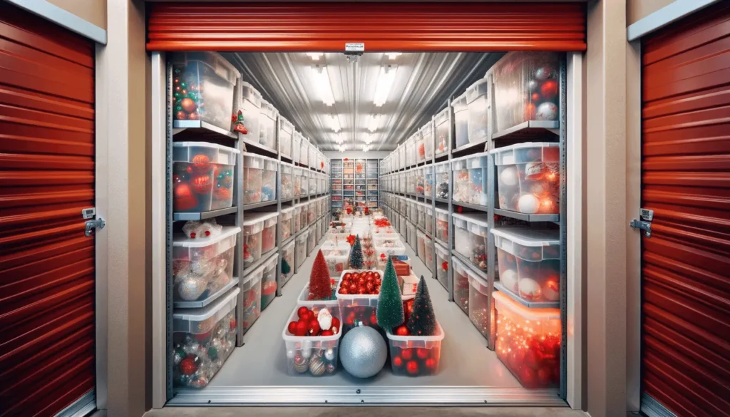 A festive storage room filled with Christmas decorations in clear boxes.