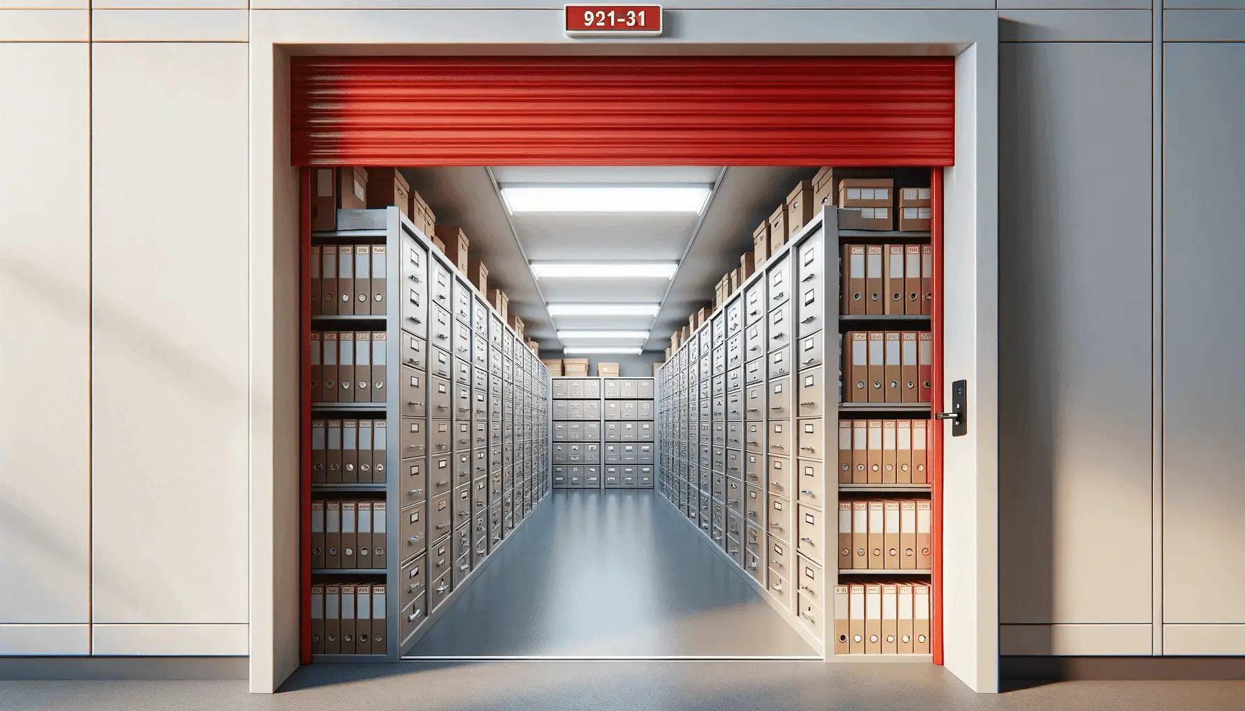 A corridor of metal mailboxes with a red rolling shutter.
